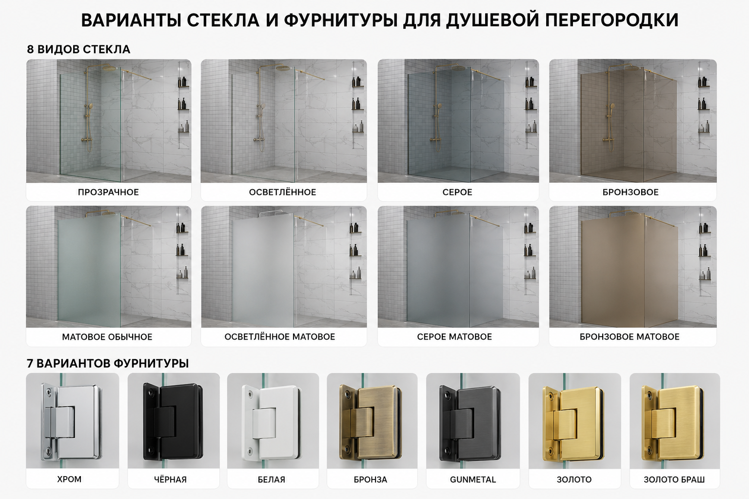Варианты стекла и фурнитуры для душевой перегородки