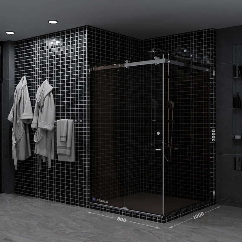 80X100X200 УГЛОВАЯ РАЗДВИЖНАЯ ДУШЕВАЯ С ОДНОЙ ДВЕРЬЮ STAKLO ИЗ БРОНЗОВОГО СТЕКЛА ХРОМ ФУРНИТУРА в Москве